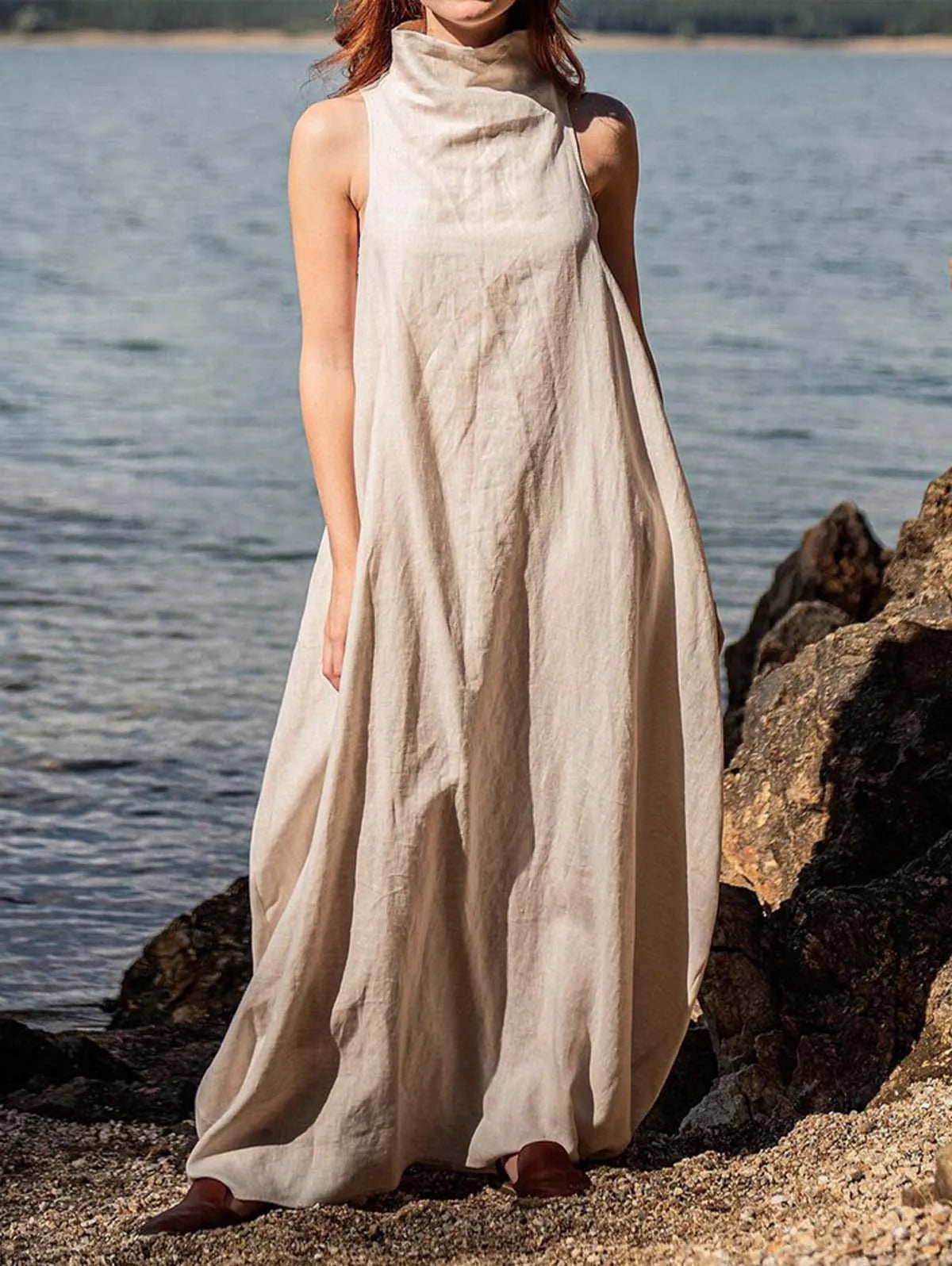 Summer Pockets Dress Women Stand Collar With Back Crinkle Linen Maxi Dress Female Elegant Fashion Casual Loose Dress